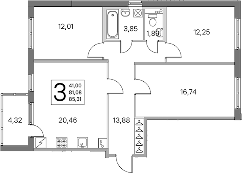 3-комнатная квартира 81.08 м², 1/5 эт., ЖК «ЮгТаун. Олимпийские кварталы»